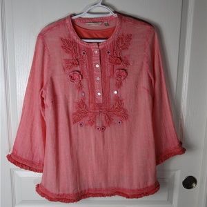 Soft Surroundings Blouse Top Shirt Button Floral Accent Salmon Pink Women Small